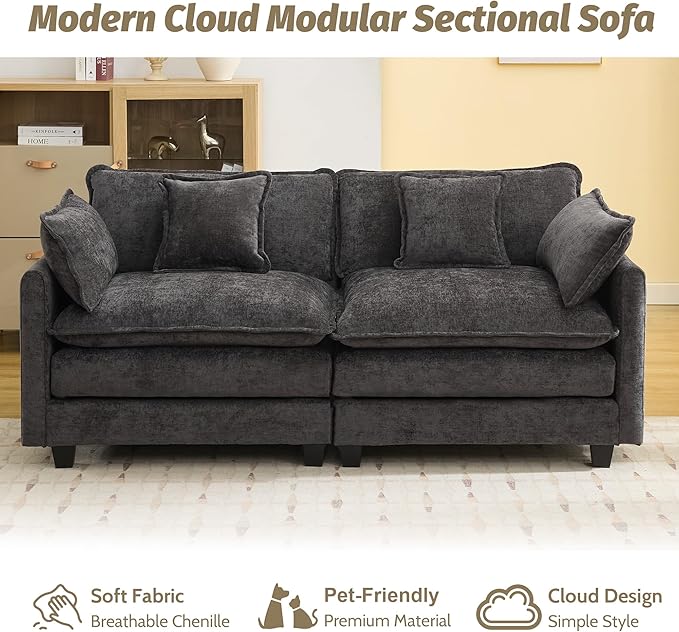 76'' Cloud Deep Seat Loveseat, Upholstered Chenille Modular 2-Seats Sectional Sofa Couch, Modern Comfy Settee Loveseat for Living Room Set, Small Apartment, Dark Grey