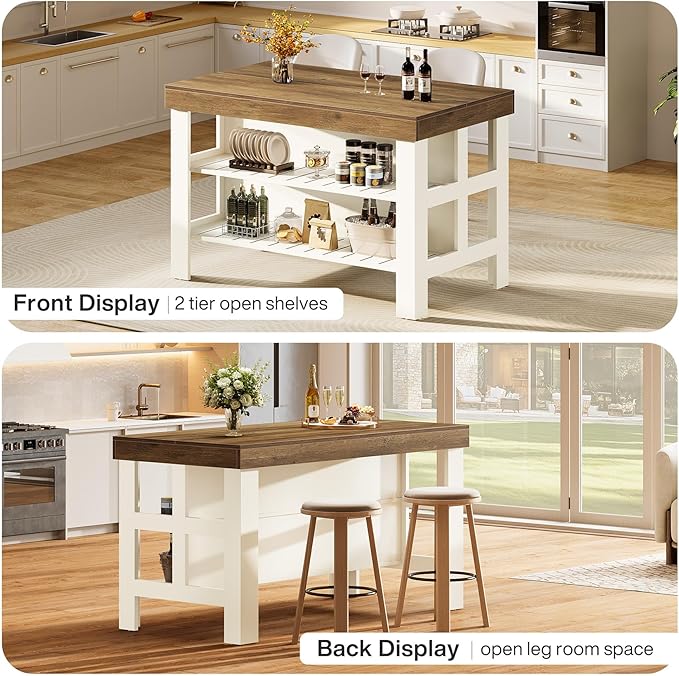 Tribesigns Kitchen Island with Seating and Storage Shelves, 55.1-Inch Breakfast Counter Farmhouse Island Table for Kitchen Dining Room