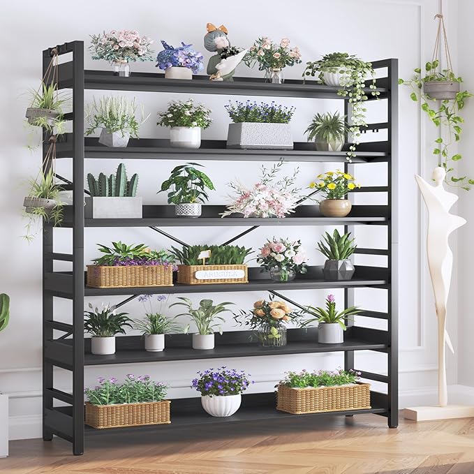 HCHQHS 6 Tier Bookshelf, Adjustable Industrial Bookcase, Vertical Tall Book Shelf, Wood and Black Metal Open Bookshelves for Home Office, Living Room, Bedroom