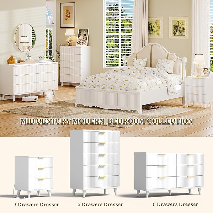 Lulive White Dresser for Bedroom Wood Tall Dressers Drawers, Fluted Modern Dresser 5 Drawers White