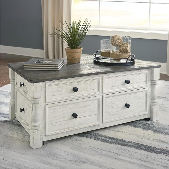 Signature Design by Ashley Havalance Farmhouse Lift Top Coffee Table with 4 Storage Drawers and Small Storage Tray, Whitewash