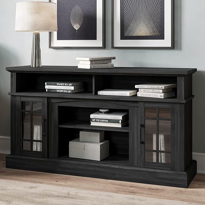 BELLEZE 58 Inch TV Stand, Rustic Wood Entertainment Center for TVs up to 65", Contemporary Media Console Table with Two Open Shelves and Glass Door Cabinets - Astorga (Rustic Grey)