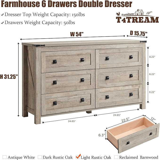 T4TREAM Farmhouse 6 Drawers Dresser for Bedroom, Wood Rustic Wide Chest of Drawers, Storage Dressers Organizer for Bedroom, Living Room, Hallway, Light Rustic Oak