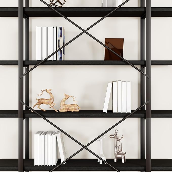 HSH 6 Tier Tall Black Bookshelf, Modern Large Storage Book Shelves & Display Book Shelf,Industrial Open Vertical Metal and Wood Black Bookcases 6 Shelf for Bedroom Living Room Office, Black Oak