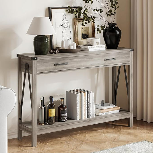 ChooChoo 47'' Farmhouse Console Table with Drawer, Entryway Table with Storage Shelf, Rustic A-Design Sofa Table for Hallway, Entrance, Living Room, Grey