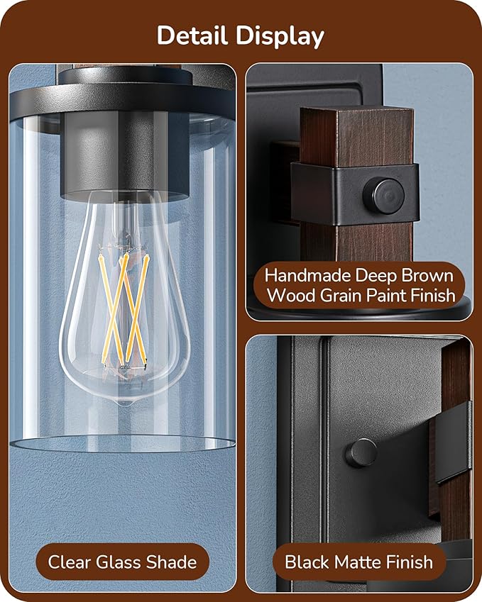 EDISHINE Wall Sconces Set of 2, Farmhouse Vanity Light Fixtures with Clear Glass Shade & Dark Brown Wood Grain Paint, 1-Light Wall Mount Lamp for Bathroom, Hallway, Living Room, Mirror, Kitchen