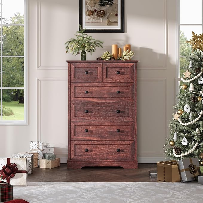 Farmhouse 6 Drawers Dresser Chests for Bedroom, Tall Rustic 6 Chest of Drawers, Wood Dressers Organizer for Closet, Modern Storage Organizer Cabinet for Living Room, Hallway, Entryway, Cherry Red