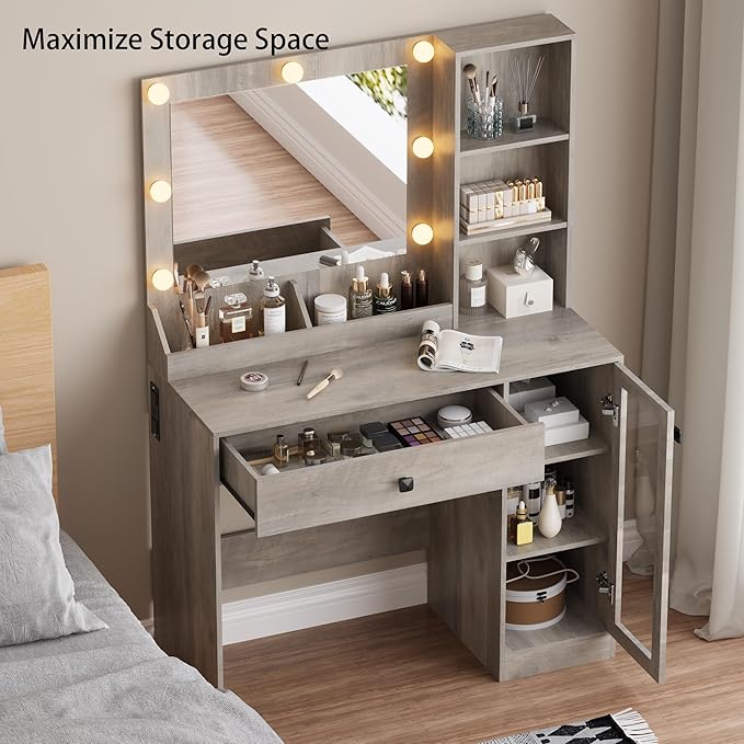 Small Vanity Desk with Mirror and Lights, Makeup Vanity Desk with Adjustable Brightness 3 Light Modes, RGB Storage Cabinet, Power Outlet, Drawer, Shelves (Driftwood Grace)