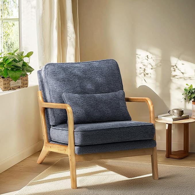 COLAMY Mid Century Modern Accent Chair with Lumbar Pillow, Relaxing Armchair with Solid Wood Frame & Soft Cushion, Reading Leisure Chair for Living Room,Bedroom,Waiting Room（Blue）
