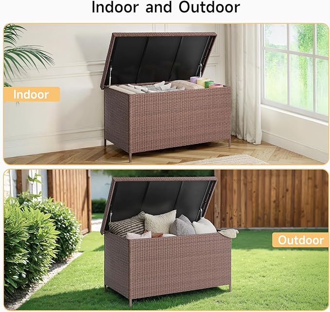 158 Gallon XL Deck Box with Lid, All Weather Wicker Outdoor Storage Box Waterproof, Large Outdoor Patio Storage Bin for Cushions, Garden Tools, Gears, Brown