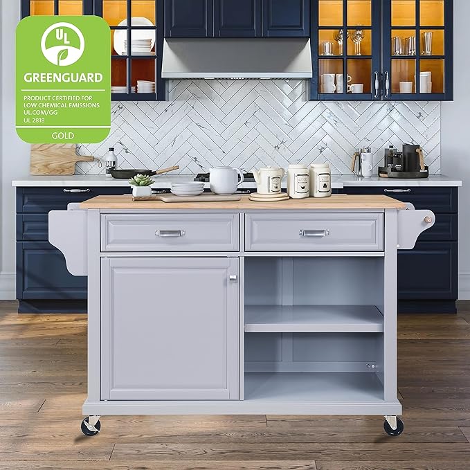 Mobile Kitchen Island on 5 Universal Wheels, Greenguard Gold Certified, Stationary Storage Island with 5 Wood Cabinet Feet, Utility Kitchen Island Cart with Drop-Leaf and Storage for Kitchen (Gray)