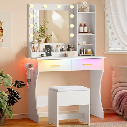 Vanity Desk with Mirror and Lights, Small Makeup Vanity Table Set with Storage Drawers & Power Outlets & Chair, 3 Lighting Modes & RGB Ambient Light, Dressing Table for Women Girls Bedroom, White