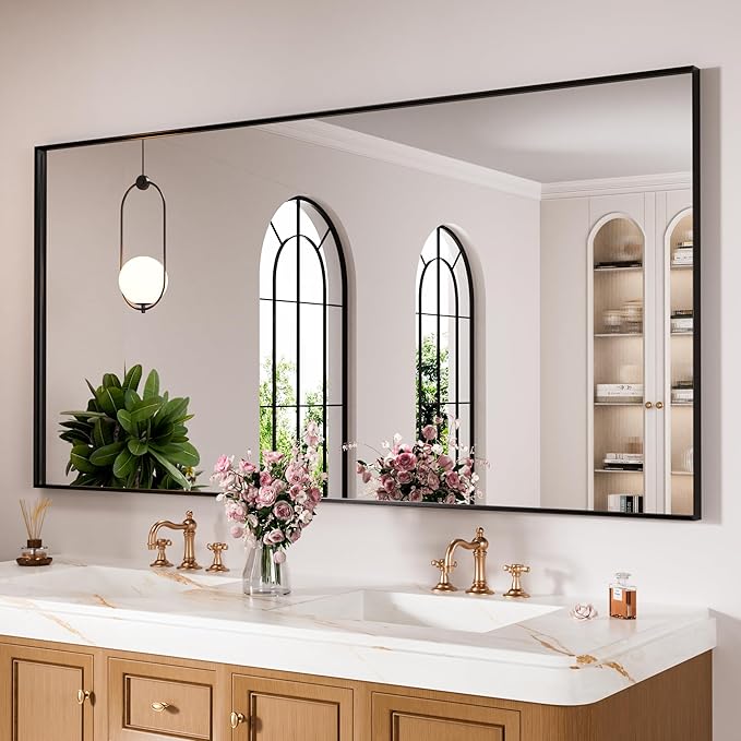 Bathroom Mirror Black,60x30 Inch Large Matte Black Bathroom Vanity Mirror,Rectangle, Square Corner, Anti-Rust,Shatter-Proof, Bedroom, Living Room, Entryway, Wall-Mounted(Horizontal/Vertical)