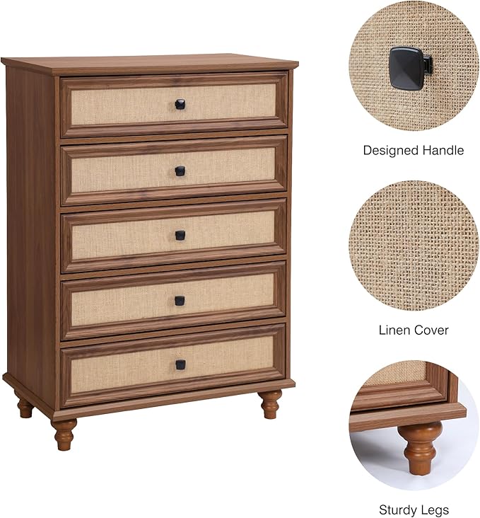 ORRD 10 Drawer Dresser for Bedroom, Mid Century Modern Wide Wood Rustic Chest of Drawers Wooden Storage Organizer Dressers with Rattan Burlap Drawers for Living Room, Hallway Closet, Entryway, Walnut