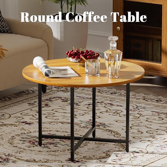Round Coffee Table, Small Coffee Tables for Living Room, Wood Coffee Table with Metal Frame, Floor Table Desk for Sitting on The Floor, Home, Office, Farmhouse, Honey Brown (23.6"D x 17.7"H)