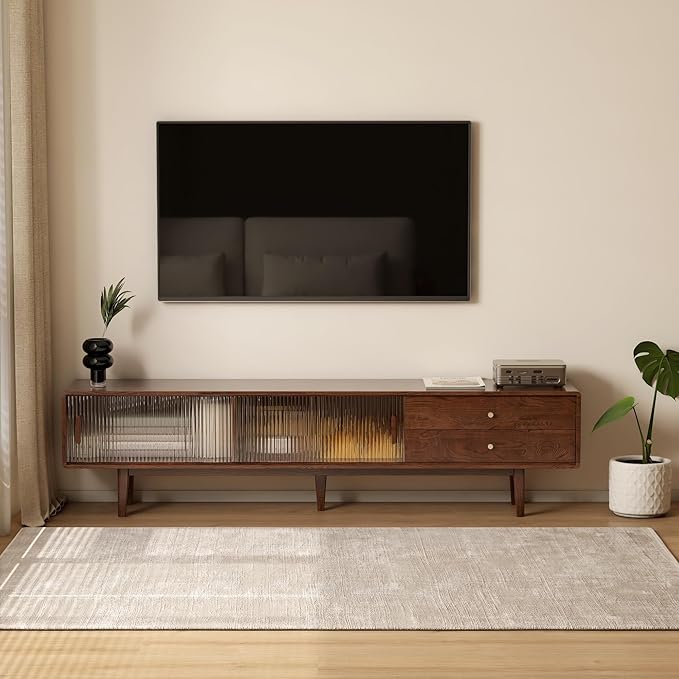 70.87" L Solid Oak Wood TV Stand for 70-85 Inch TVs, Glass Sliding Door TV Console with 3 Drawers and 2 Storage Cabinets, Entertainment Center with Storage TV Stands for Living Room (Walnut Color)