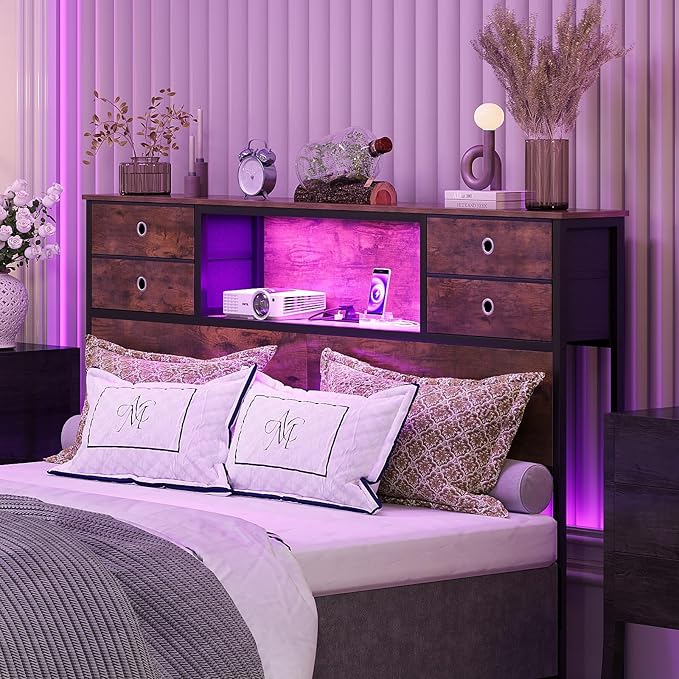 GiftGo Queen Size Headboard with 4 Fabric Storage Drawers Charging Station LED Light Adjustable Height Storage Rack Sturdy and Stable Metal Frame & Wood Shelf (Rustic Brown, Queen (U.S. Standard))