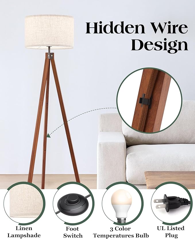 ELYONA Solid Wood Tripod Floor Lamp with 3 Color Temperatures LED Bulb, Mid Century Modern Reading Standing Light Nature Linen Shade Tall Night Light for Bedroom Living Room Office Study Room, Brown