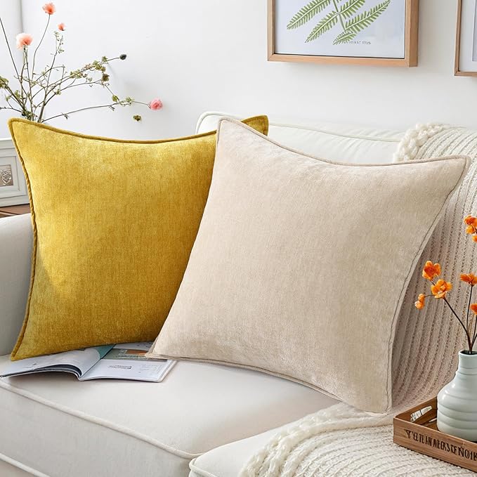 decorUhome Fall Couch Throw Pillow Covers 20x20 Set of 2, Decorative Soft Euro Neutral Chenille Pillow Covers with Elegant Design for Sofa Bed Living Room Home Decor, Mineral Yellow