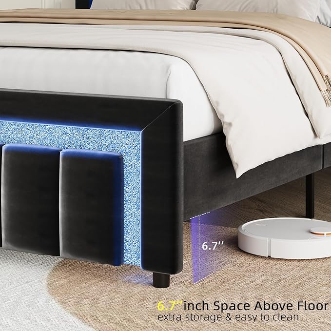 HOMBCK Queen Size Bed Frame with LED Lights and Velvet Upholstered Headboard, Bed Frame Queen with Modern Diamond Headboard Adjustable, Wooden Slats Support, Noise Free, No Box Spring Needed, Black