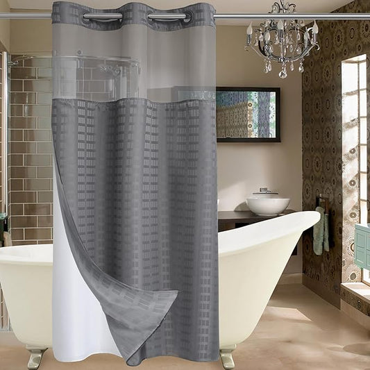 Conbo Mio Stall No Hook Shower Curtain with Snap in Liner Set, Hotel Luxury Grey Shower Curtains for Bathroom with See Through Top Window, Waterproof, Washable 36W x 74H