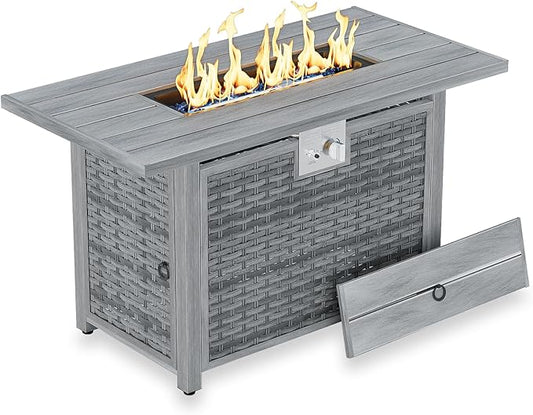 43" Rectangular Propane Fire Pit for Outside Patio 2 in 1, 50,000 BTU Fireplaces with Lid, Glass Rocks, Cover