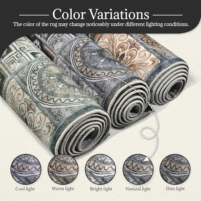 Washable Entryway Rug 3'x5 Non-Slip Backing Vintage Indoor Rug Low Pile Lighrweight Carpet for High-Traffic Indoor Entrance & Kitchen