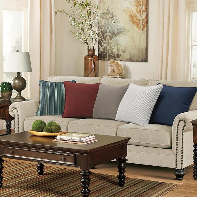 Sunbrella Decorative Outdoor Water Repellent Throw Pillows with Inserts, Set of 4, 18" x18" Pillows for Patio, Backyard, Bed, Couch, and Patio Furniture, Beach Stripe Lagoon