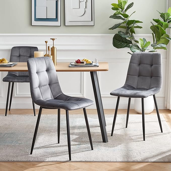 Grey Velvet Chair Set of 6,Mid-Century Modern Dining Chair Upholstered Living Chair Tufted Reception Chair with Solid Black Metal Legs for Bedroom,Dining Room,Kitchen