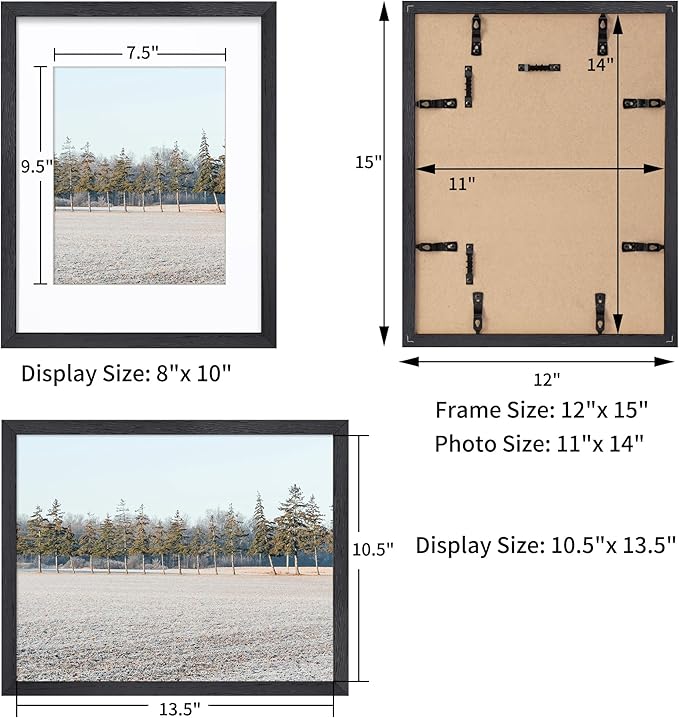 Axeman 11x14 Picture Frame with Mat for 8x10, Solid Oak Wood Picture Frames with Tempered Glass, Natural Wooden 11x14 inch Photo Frame for Wall with Wall Hook Included, Set of 3, Black