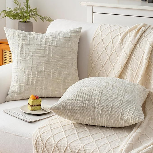 Decorative Throw Pillow Covers 22x22 Inch Set of 2, Thick Solid Farmhouse Chenille Couch Pillows, Spring Pillow Covers for Couch Sofa Bed Living Room Home Decor Pillowcase,White