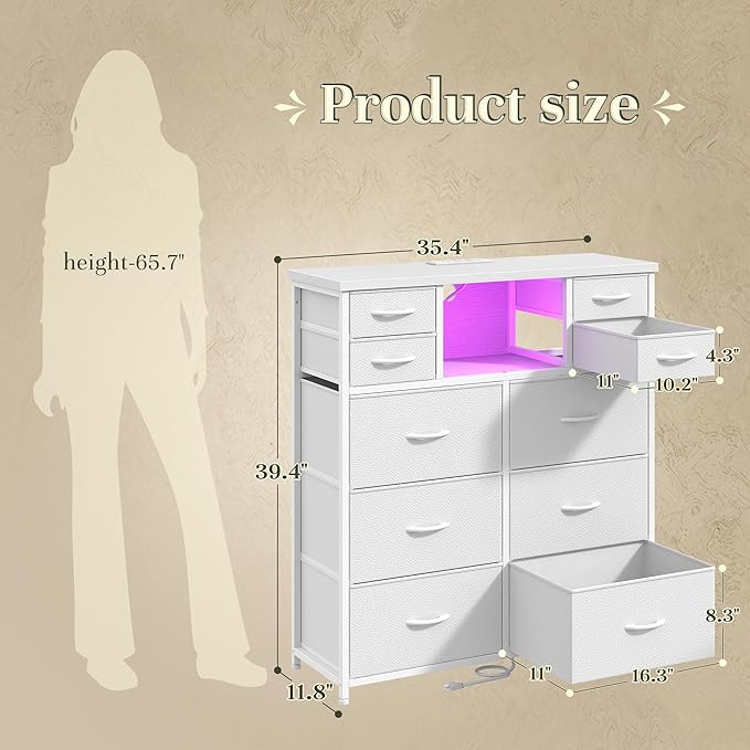 White Dresser for Bedroom with Charging Station and LED and 10 Fabric Drawers, Sturdy Tall Chest of Drawers with 2 Open Storage Shelves Storage Tower for Closet, Hallway