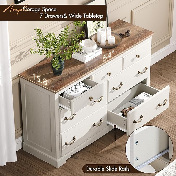 Farmhouse 7 Chest of Drawers for Bedroom, 54" Wide Wood Dresser with Bronze Retro Handles & 3D Drawer Fronts, Closet Dresser for Bedroom, Hallway, Antique White