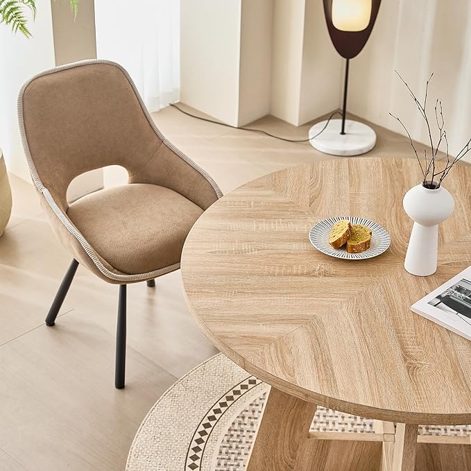 47" Round Dining Room Table Set for 4, [Fanned Base] [1.38" Thick Top] Wood Kitchen Table with 4 Swivel Dining Chairs