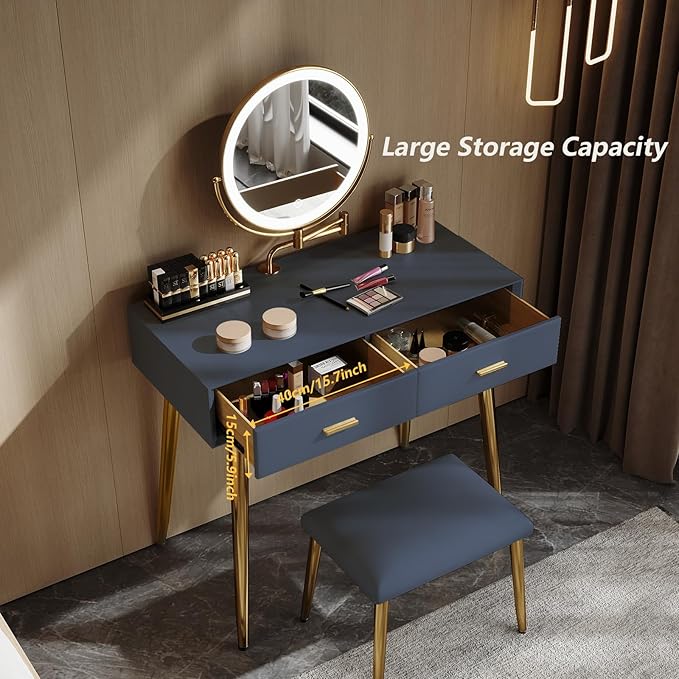 IKuinen Makeup Vanity Desk with Mirror and Lights, Small Vanity Table with 2 Drawers, Stool,Vanity Set for Bedroom with Microfiber Leather, 3 Lighting Modes - 31.5In Blue