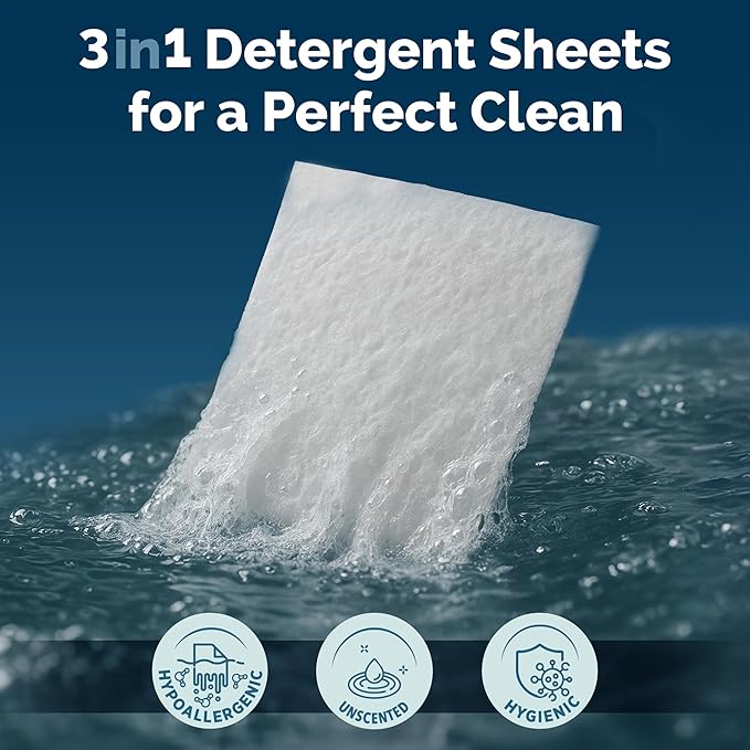 Steam and Go Laundry Detergent Sheets – 3in1 Dissolvable Sheets with Deep Cleaning, Fragrance-Free, & Hygienic Purifying Action – Hypoallergenic, Vegan & Cruelty-Free - Unscented – 30 Ct