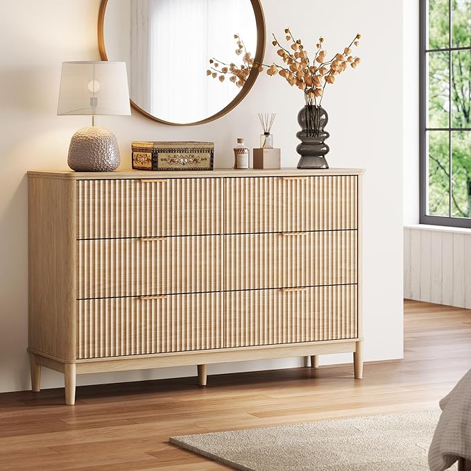 LINSY HOME Fluted Dresser for Bedroom with 6 Drawers, 54" Wide Chest of Drawers, Mid Century Modern Dresser TV Stand with Metal Handle, Wood Closet Storage Cabinet for Living Room, Hallway, Oak