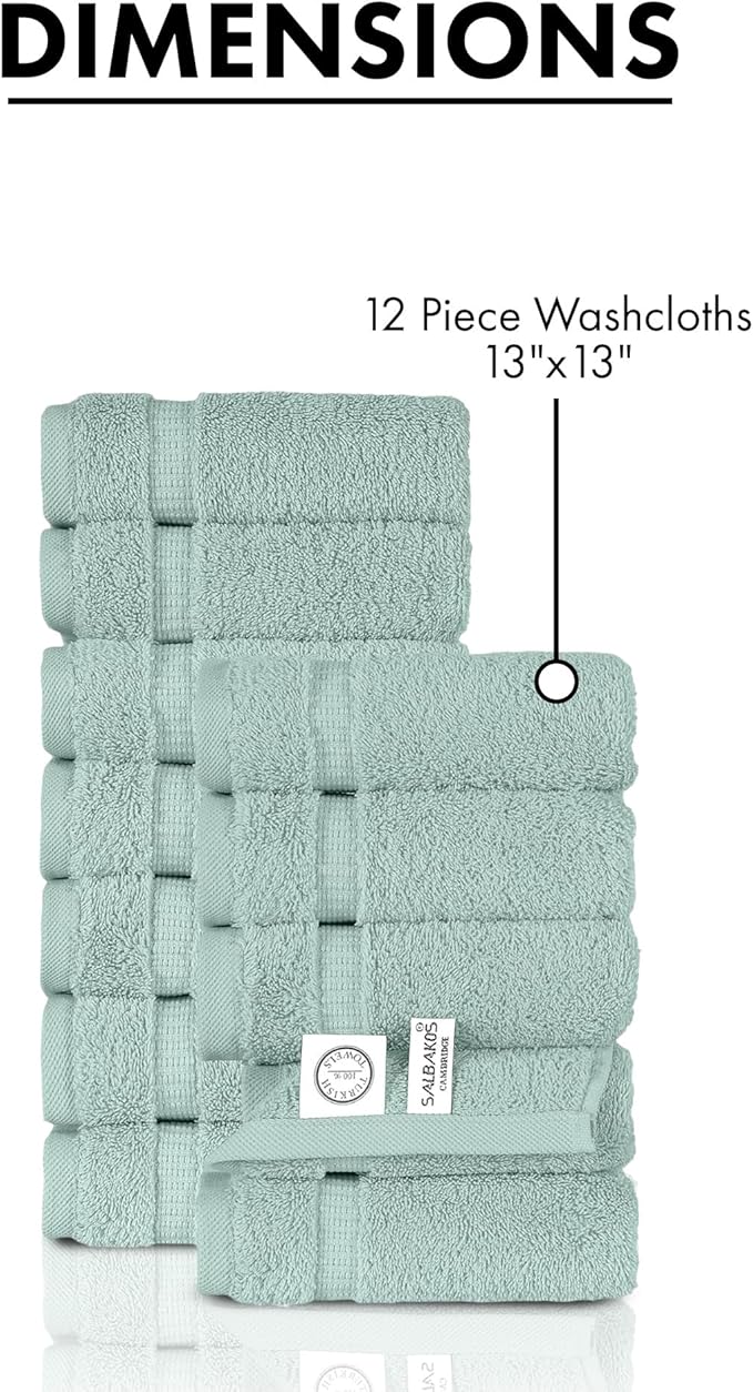 SALBAKOS 100% Turkish Cotton Washcloth Set of 12 13x13 inch | Heirloom Quality | Hotel & Spa Collection | Ultra Soft, Super Absorbent, Washcloth Towels | Made in Turkey (Seafoam Green, 12 Washcloths)