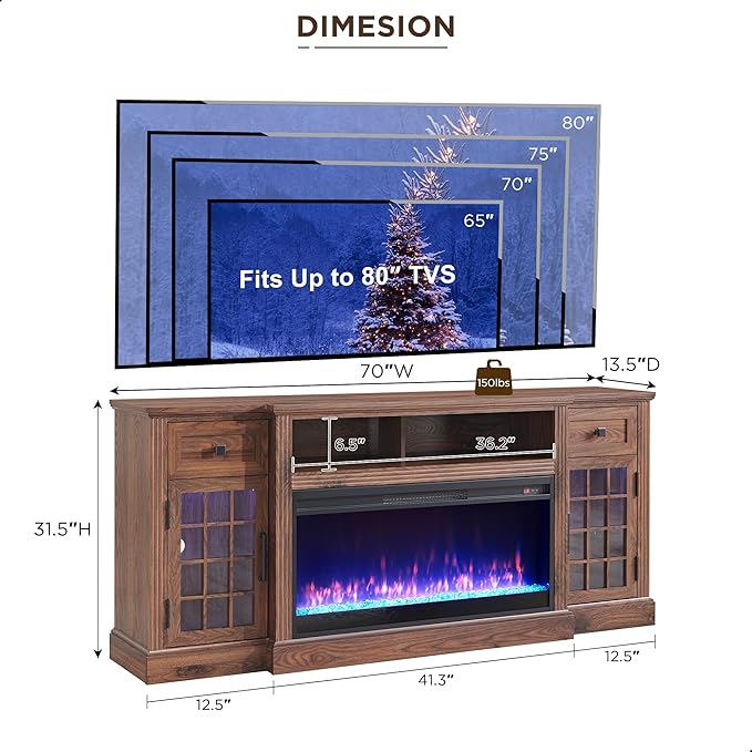 Farmhouse Fireplace TV Stand for 80 Inch TV, Entertainment Center w/ 36'' Electric Fireplace & LED Lights, Mordern Media Console with Storage Drawers & Cabinets for Living Room, Brown