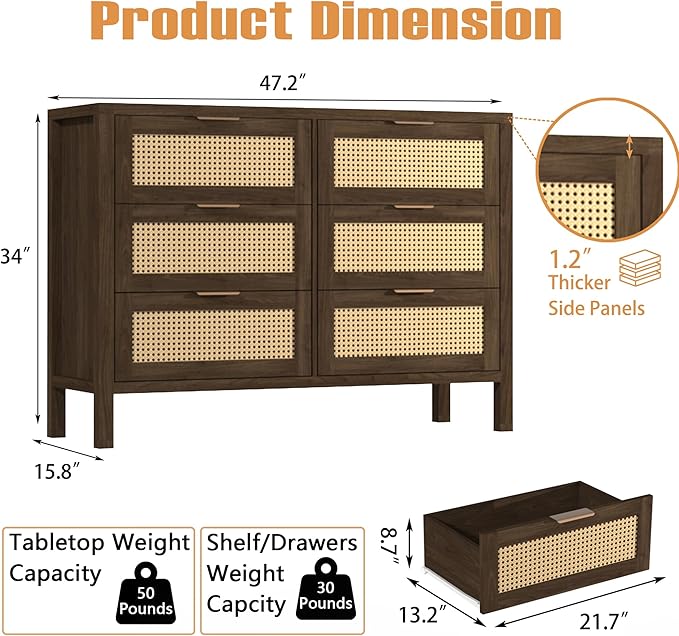 Wood 6 Dresser for Bedroom, Wide Rattan Drawer with Gold Handle for Bed Room, Hallway, Brown Oak