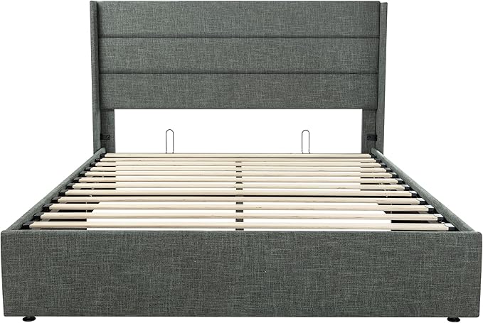 SHA CERLIN Full Size Lift Up Storage Bed/Modern Wingback Headboard/Upholstered Platform Bed Frame/Hydraulic Storage/No Box Spring Needed/Wood Slats Support/Dark Grey