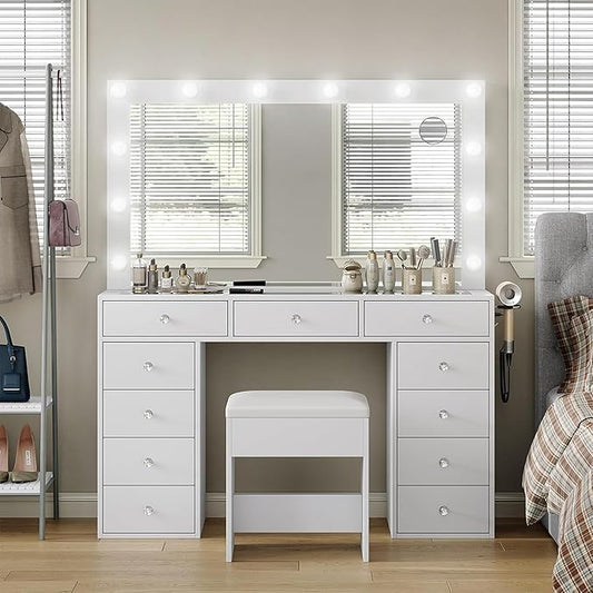 White Vanity Desk with Illuminated Mirror & Power Outlet, 11 Drawers Vanity Table with Chair, Makeup Vanity with 12 LED Lights, Tempered Glass Top, Dressing Table for Bedroom,Dressing Room