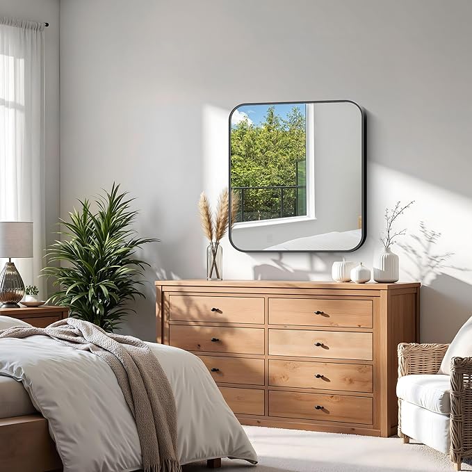 KOCUUY Square Bathroom Mirror, 24"x24" Black Rectangle Vanity Mirror, Black Metal Frame Mirror with Rounded Corner for Bathroom, Bedroom, Living Room, Entryway