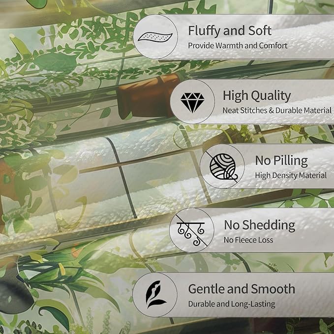 Sunlight Garden Cats Blanket - Ultra Soft, Fluffy, Lightweight Flannel Throw Blankets for Couch, Bed, Travel, Outdoor - Cozy, Fuzzy Home Decor - Lush Plant and Black Cat Design 60×50 in