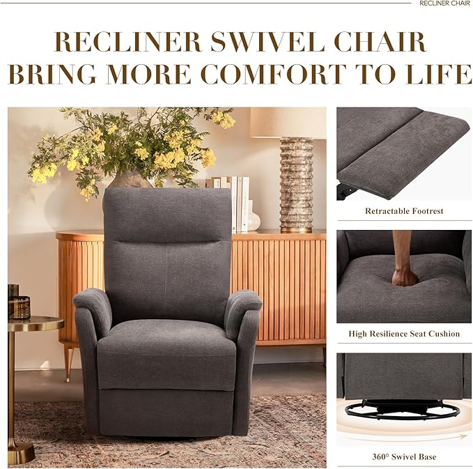 Swivel Rocking Recliner Glider Chair, Upholstered Fabric Reclining Rocker Chair with Footrest for Living Room, Nursery, Bedroom, Ergonomic High Backrest, Wide Seat Cushion and Metal Base-Charcoal