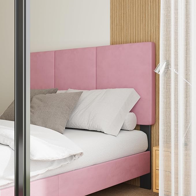 King Bed Frame with Headboard, Vertical Channel Tufted Heavy Duty King Size Bed Frame, No Box Spring Needed, Easy Assembly, Platform Bed Frame with Headboard, Pink