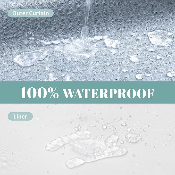 ForstBlue No Hook Waffle Weave Shower Curtain with snap-in Liner Replacement, 230GSM Waterproof Fabric Hotel Shower Curtain Set for Bathroom, Through Mesh Top Window,71Wx77H