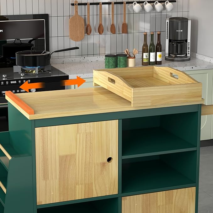 NSdirect Kitchen Island Cart,Kitchen Bar&Serving Cart Rolling on Wheels with Spice Rack Towel Holder Utility Storage Trolley with Storage Drawers,Green