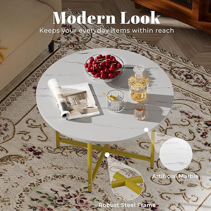 Round Coffee Table, Small Coffee Tables for Living Room, Wood Coffee Table with Metal Frame, Floor Table Desk for Sitting on The Floor, Home, Office, Farmhouse, White & Gold (23.6"D x 17.7"H)