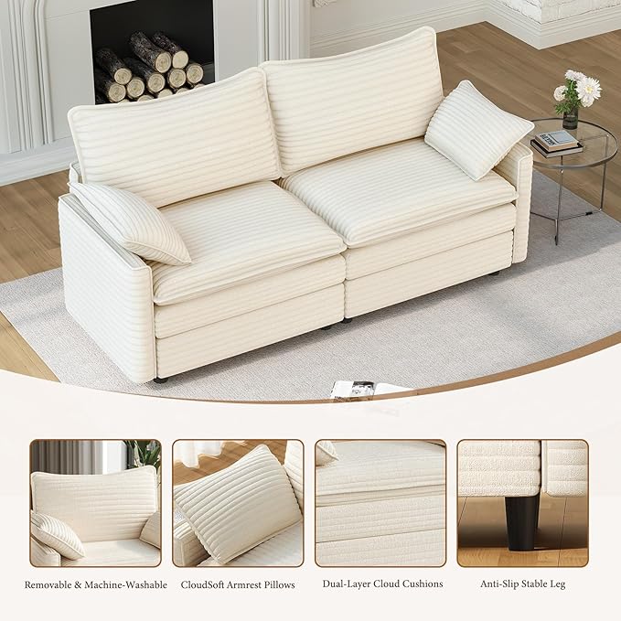 Vesgantti 74" Loveseat Sofa for Living Room, Comfy Cloud Couch Deep Seat Corduroy Modern 2 Seater Small Sofa with Armrest Pillow, Easy Assembly for Small Spaces, Beige